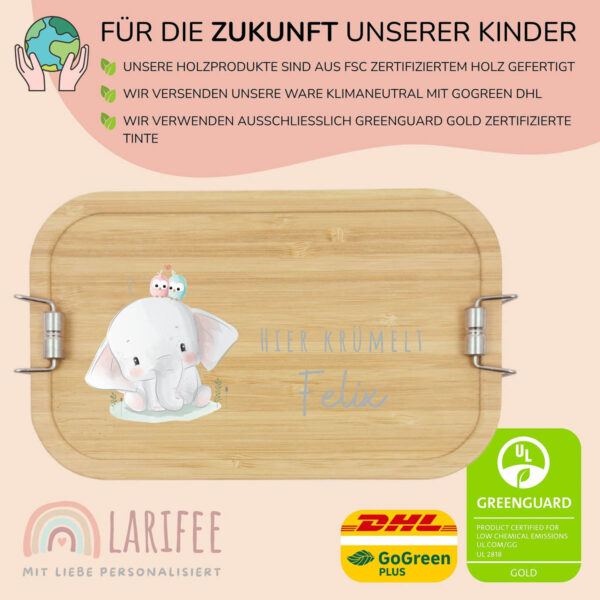 Brotdose personalisiert mit Name Elefanten mit Vögel – Bild 3