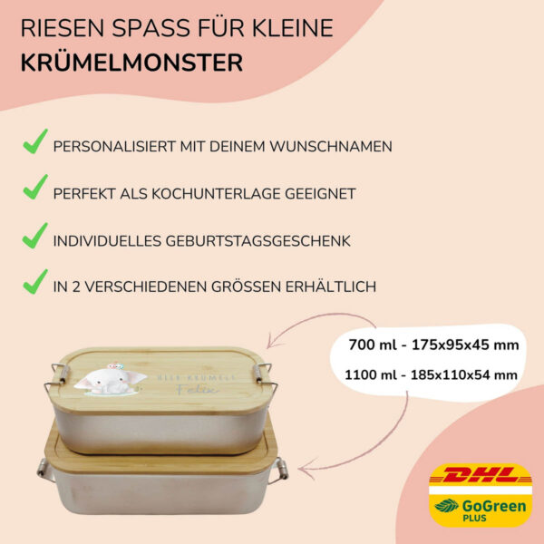 Brotdose personalisiert mit Name Elefanten mit Vögel – Bild 5