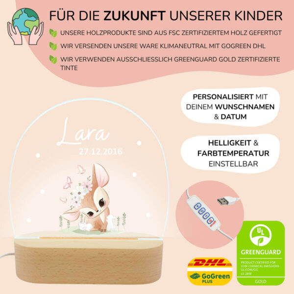 Nachtlicht mit Design - Reh Kitz mit Blumen – Bild 3