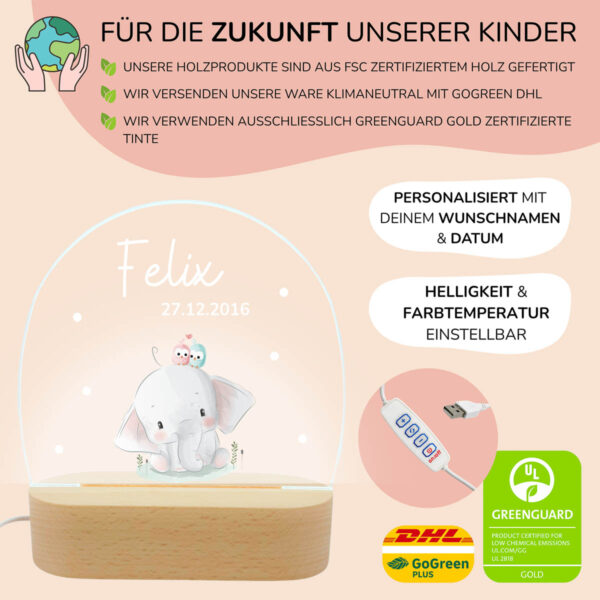 Nachtlicht mit Design - Elefant mit Vögel – Bild 3