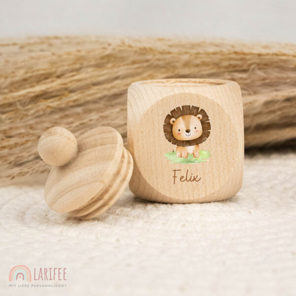 Zahndose Holz mit Name Personalisiert - Löwen babyn Baby