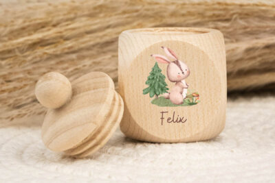 Zahndose Holz mit Name Personalisiert - Hase