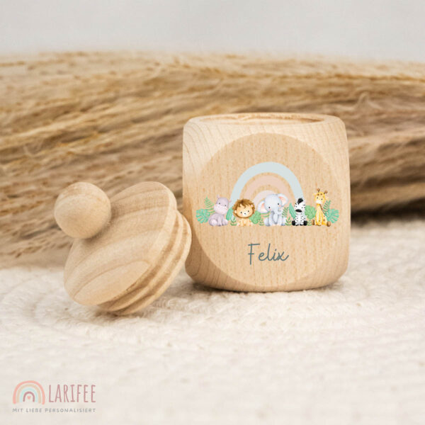 Zahndose Holz mit Name Personalisiert - 5 Safari Baby Tiere