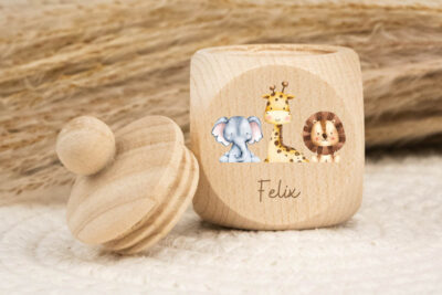 Zahndose für Milchzähne personalisiert - 3 Safari Tiere