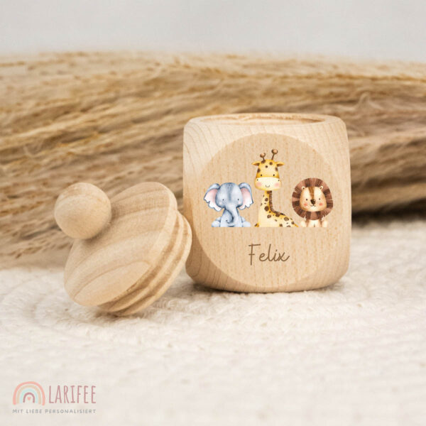 Zahndose Holz mit Name Personalisiert - 3 Safari Tiere