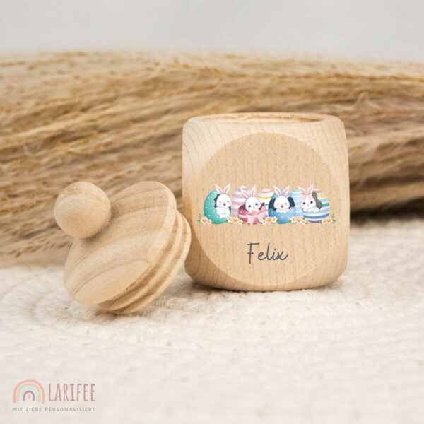 Zahndose Holz mit Name Personalisiert - Ostereier mi Hasen