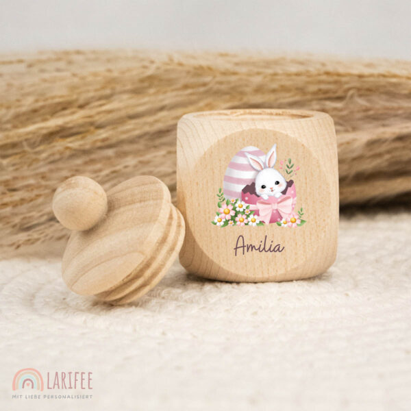 Zahndose Holz mit Name Personalisiert - Osterei mit Hase Pink