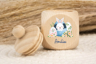 Zahndose Holz mit Name Personalisiert - Osterei mit Hase Blau