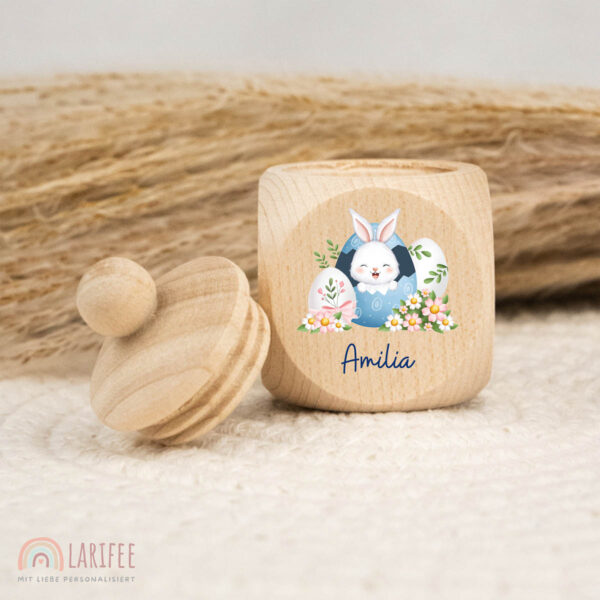 Zahndose Holz mit Name Personalisiert - Osterei mit Hase Blau