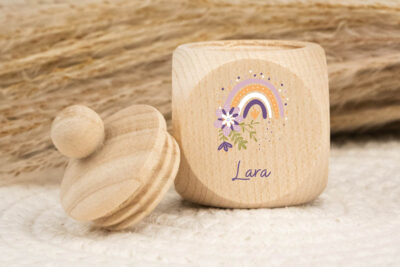Zahndose für Milchzähne personalisiert - Regenbogen Blumen