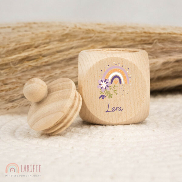 Zahndose Holz mit Name Personalisiert - Regenbogen Blumen
