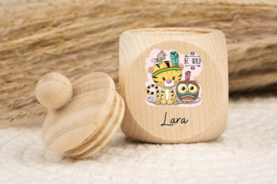 Zahndose für Milchzähne personalisiert - Tiger & Eule