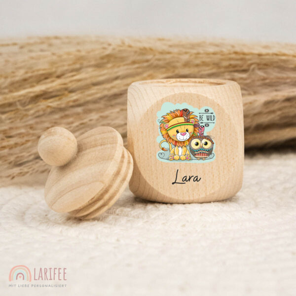 Zahndose Holz mit Name Personalisiert - Löwe & eule & Eule
