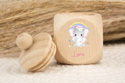 Zahndose für Milchzähne personalisiert - Elefanten mit Regenbogen