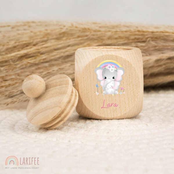 Zahndose Holz mit Name Personalisiert - Elefanten mit Regenbogen