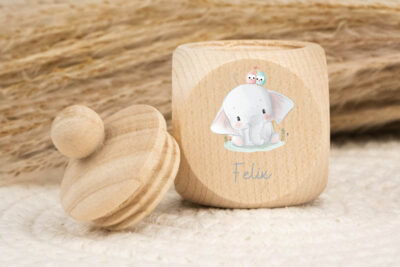 Zahndose für Milchzähne personalisiert - Elefant mit Vögel