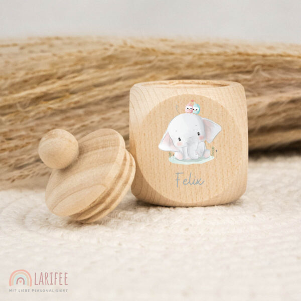 Zahndose Holz mit Name Personalisiert - Elefant mit Vögel