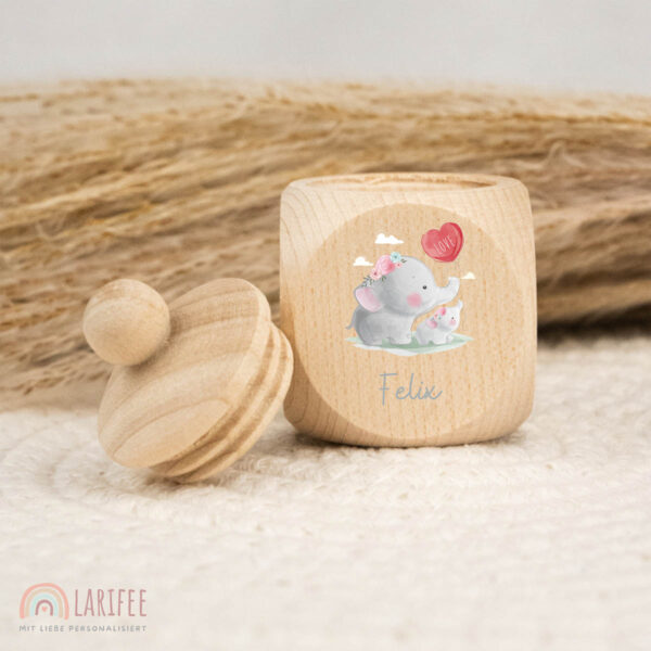 Zahndose Holz mit Name Personalisiert - Elefanten mit Herz