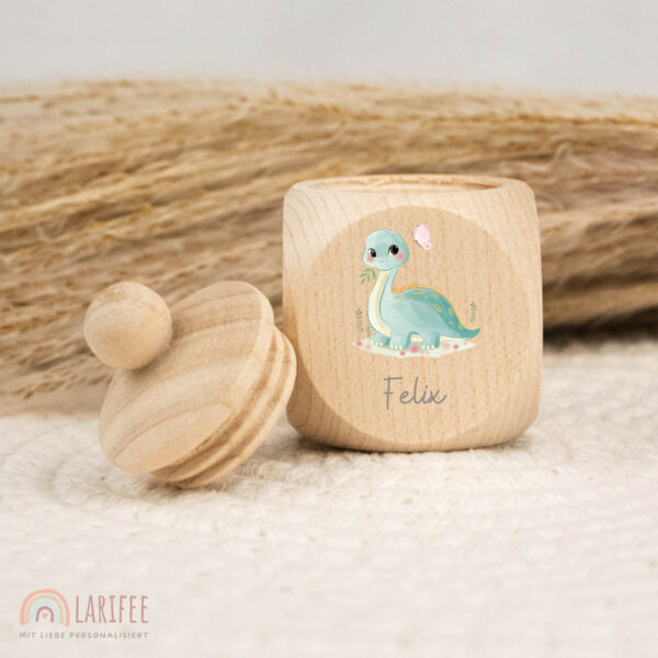 Zahndose Holz mit Name Personalisiert - Langhals Dino