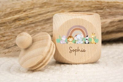 Zahndose Holz mit Name Personalisiert - Safari Tiere