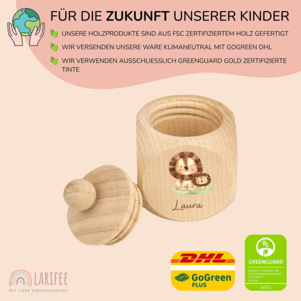 Zahndose Holz mit Name Personalisiert - Löwen – Bild 2