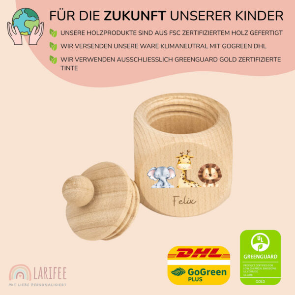 Zahndose Holz mit Name Personalisiert - 3 Safari Tiere – Bild 2