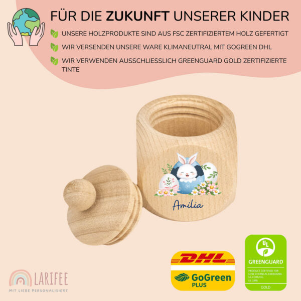 Zahndose Holz mit Name Personalisiert - Osterei mit Hase Blau – Bild 2
