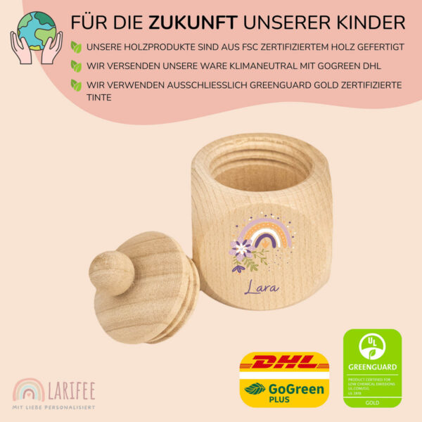 Zahndose Holz mit Name Personalisiert - Regenbogen Blumen – Bild 2