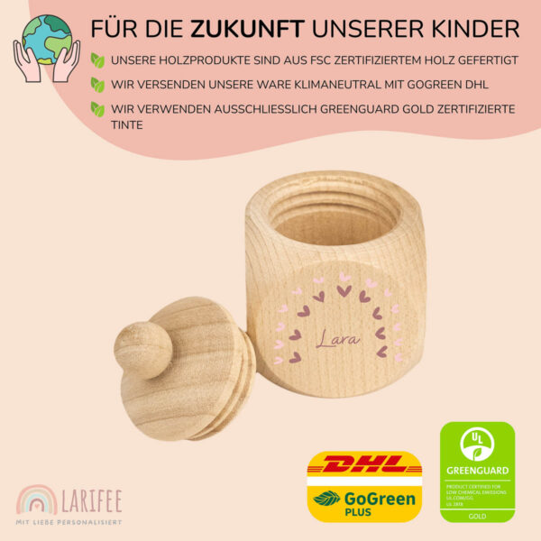 Zahndose Holz mit Name Personalisiert - Regenbogen Herzen – Bild 2