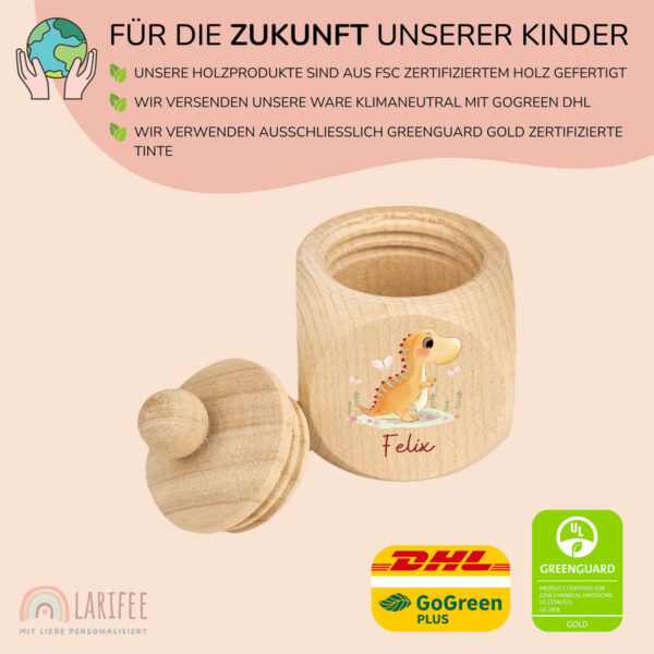Zahndose Holz mit Name Personalisiert - Dino – Bild 2