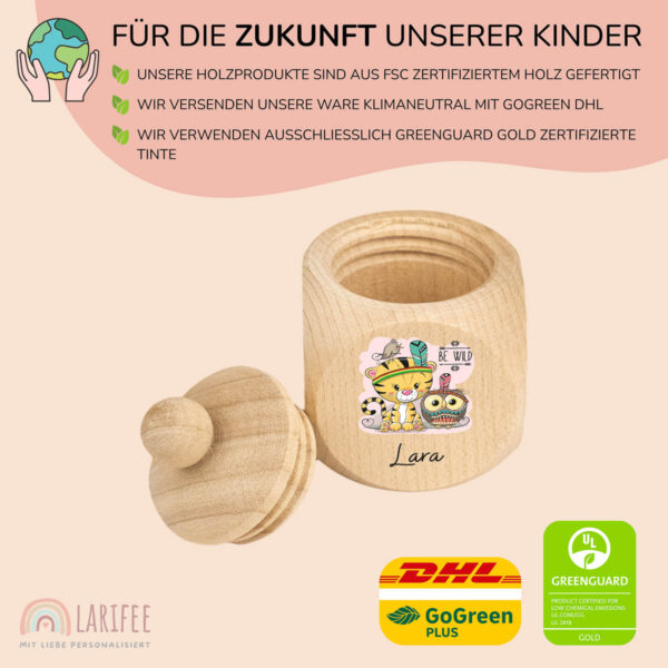 Zahndose Holz mit Name Personalisiert - Tiger & Eule – Bild 2