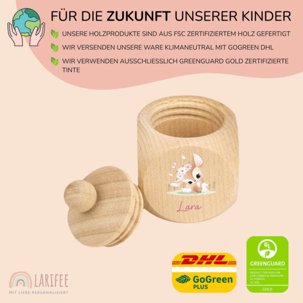 Zahndose Holz mit Name Personalisiert - Reh Kitz mit Blumen – Bild 2
