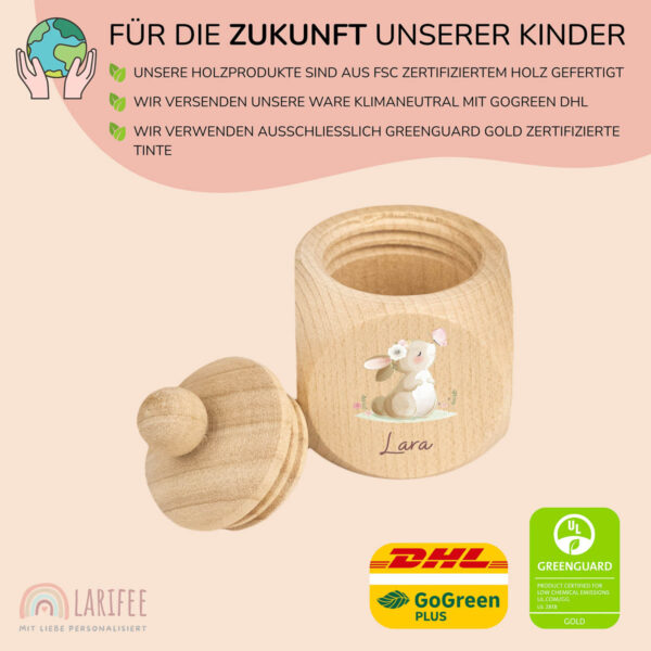 Zahndose Holz mit Name Personalisiert - Hase mit Schmetterling – Bild 2