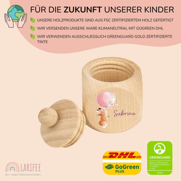 Zahndose Holz mit Name Personalisiert - Fuchs mit Luftballon – Bild 2
