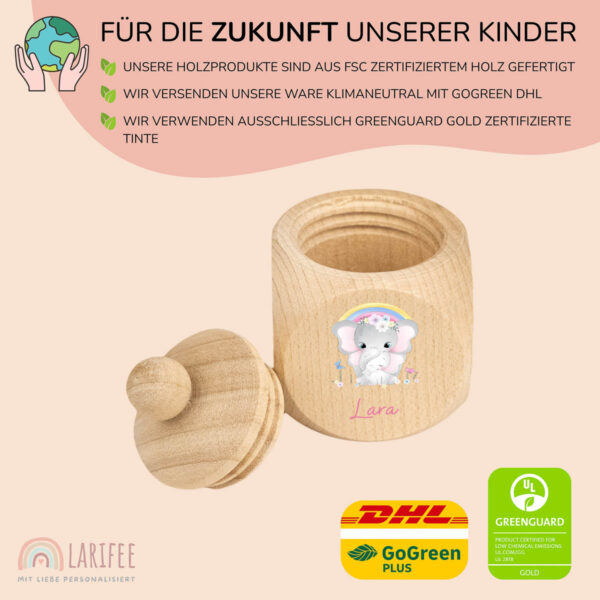 Zahndose Holz mit Name Personalisiert - Elefanten mit Regenbogen – Bild 2