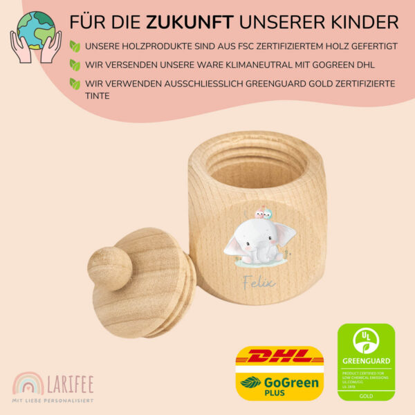 Zahndose Holz mit Name Personalisiert - Elefant mit Vögel – Bild 2