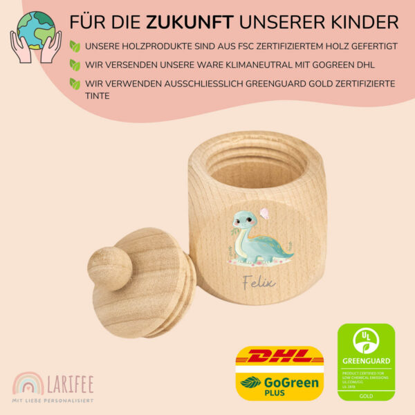 Zahndose Holz mit Name Personalisiert - Langhals Dino – Bild 2
