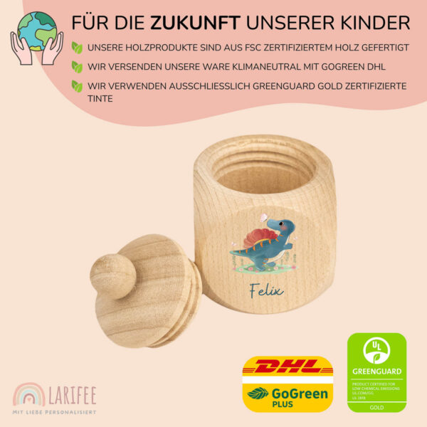 Zahndose Holz mit Name Personalisiert - Dino mit Schmetterling – Bild 2