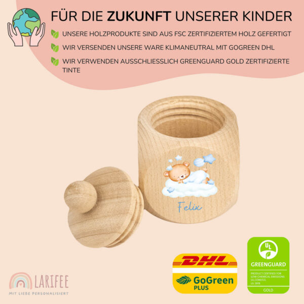 Zahndose Holz mit Name Personalisiert - Bär auf Wolke – Bild 2