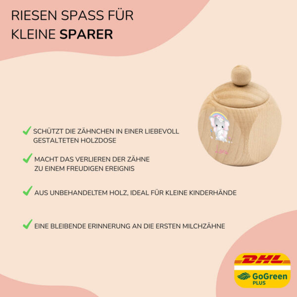 Zahndose Holz mit Name Personalisiert - Elefanten mit Regenbogen – Bild 4
