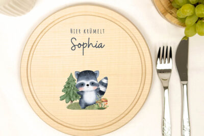 Frühstücksbrettchen Holz rund personalisiert - Waschbär