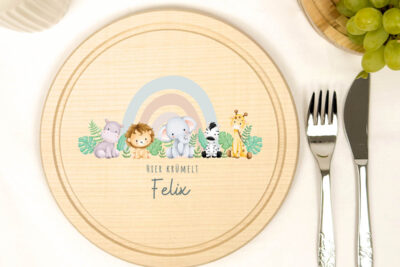 Frühstücksbrettchen Holz rund personalisiert - Safari Tiere