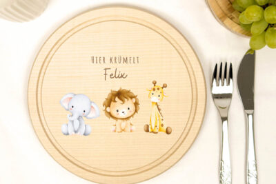 Frühstücksbrettchen Holz rund personalisiert - Safari Tiere