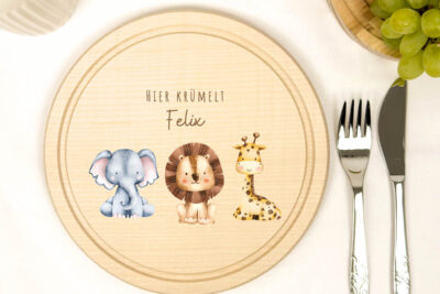 Frühstücksbrettchen Holz rund personalisiert - Safari Tiere