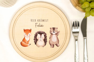 Frühstücksbrettchen Holz rund personalisiert - Waldtiere