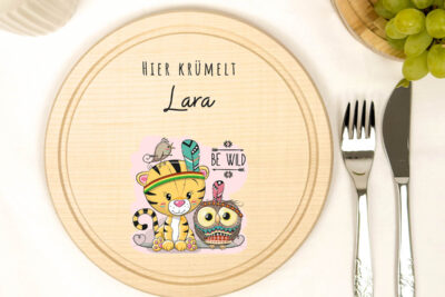 Frühstücksbrettchen Holz rund personalisiert - Tiger & Eule