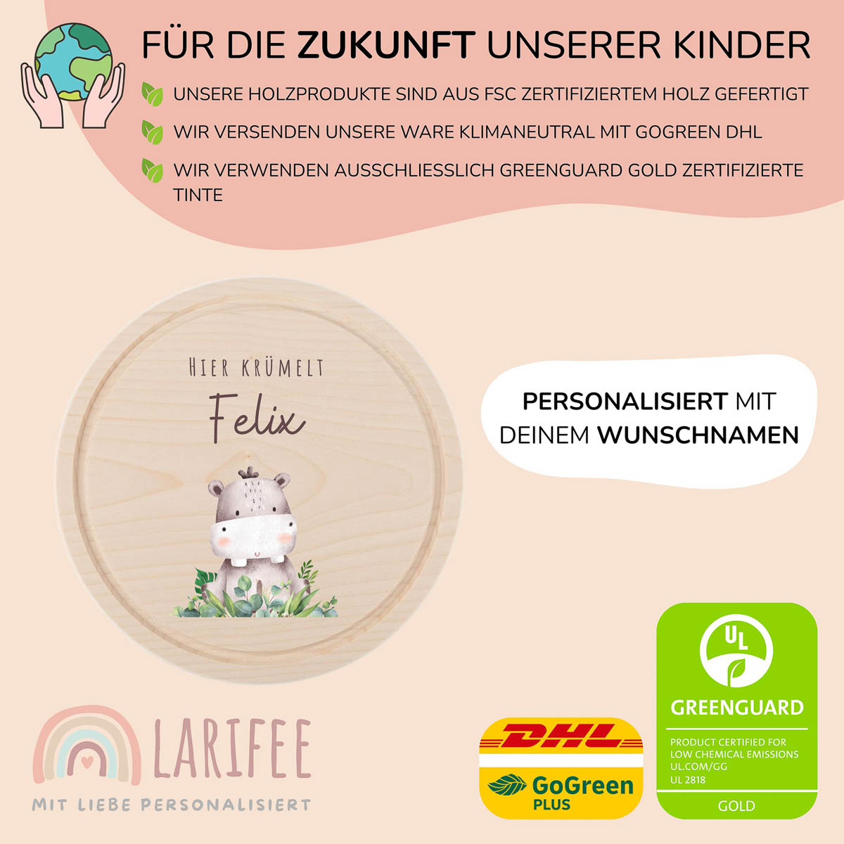 Frühstücksbrettchen Holz rund personalisiert - Nilpferd – Bild 2