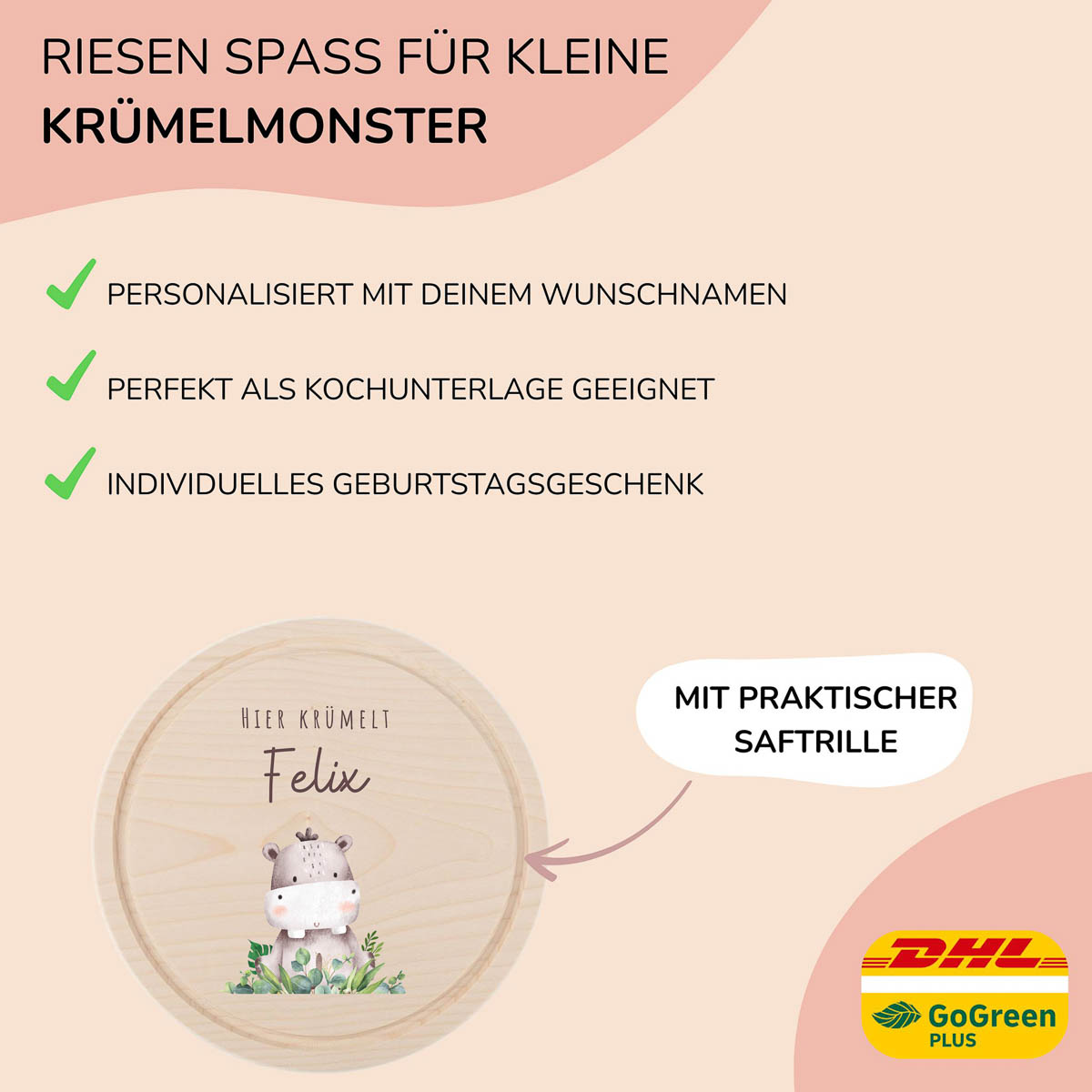 Frühstücksbrettchen Holz rund personalisiert - Nilpferd – Bild 4