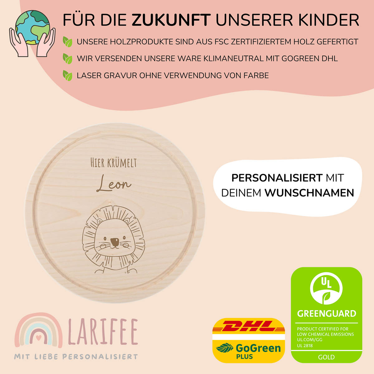 Frühstücksbrettchen Holz rund personalisiert - Löwe – Bild 2
