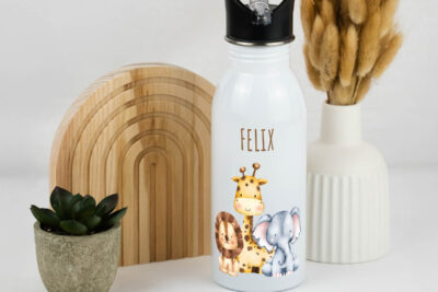 Trinkflasche Kinder personalisiert - 3 Safari Tiere